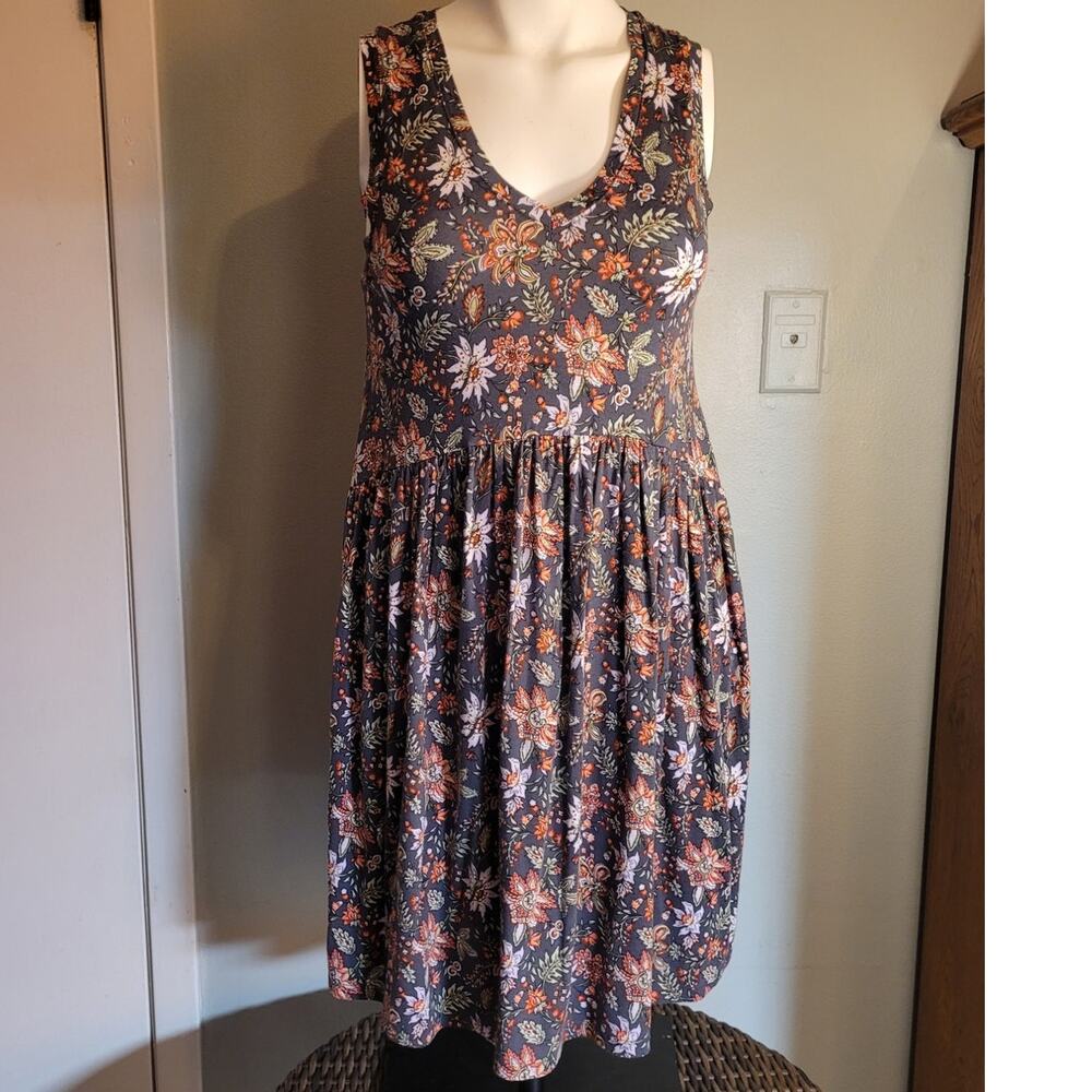 LOFT Petite Dark Floral Babydoll Dress Size XXSP Gray Pink Sleeveless Coquette